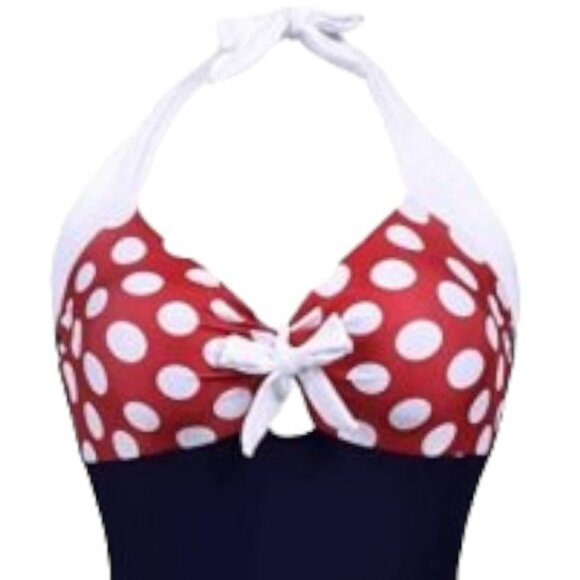 One Piece Plus Size XXL Navy Blue Red & White Vintage Style Halter Top Swimsuit - Picture 4 of 9